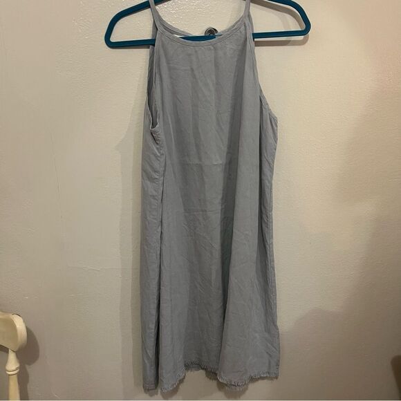 Anthropologie Cloth & Stone Casual Gray Linen Dress with Fringe Bottom, Size L - Picture 2 of 5
